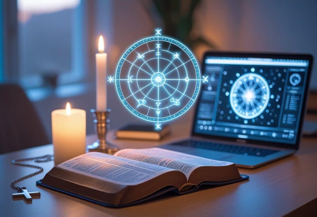 Conceptual art depicting the modern blend of horoscope symbols and biblical faith, illustrating the issue of contemporary astrology and Christianity.