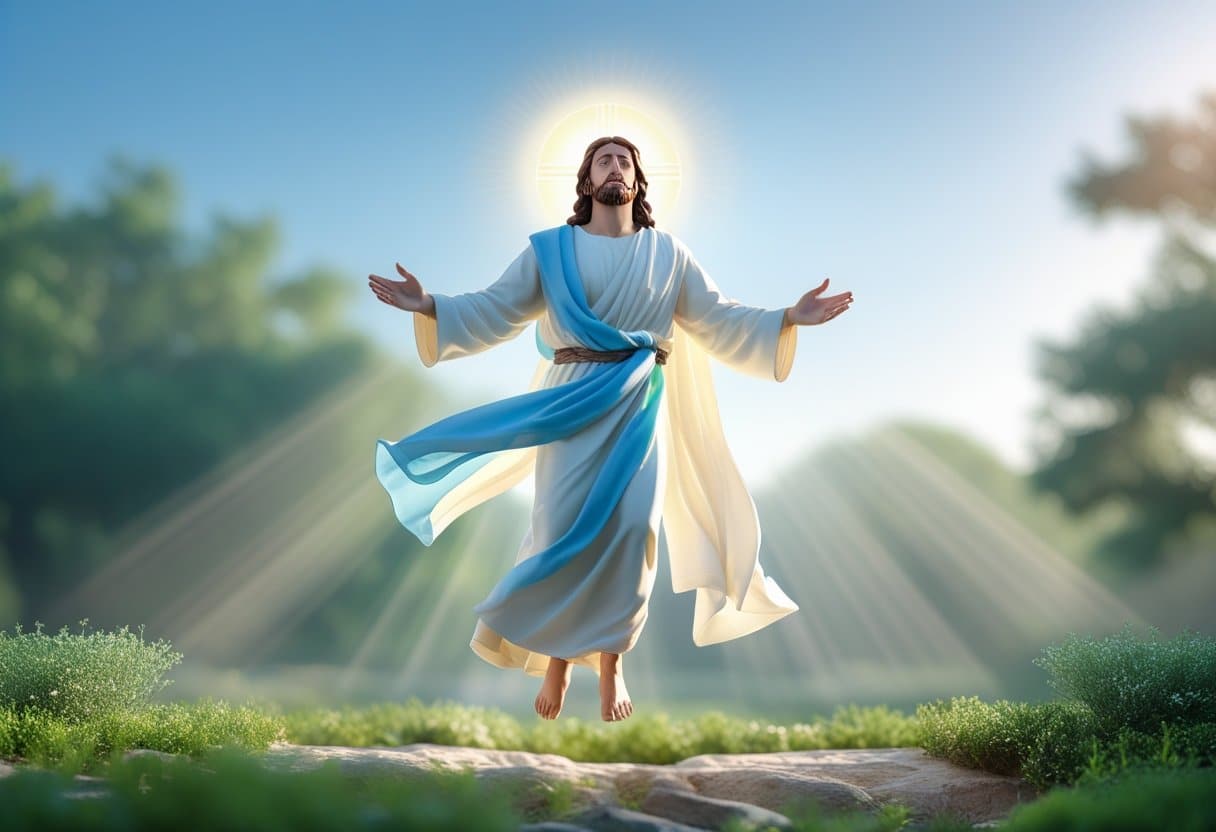 Jesus floating in the clouds illustration
