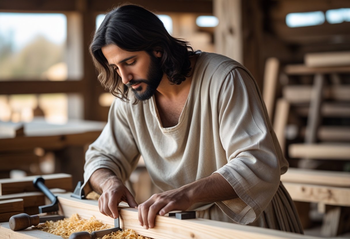 Jesus Christ using ancient carpenter tools