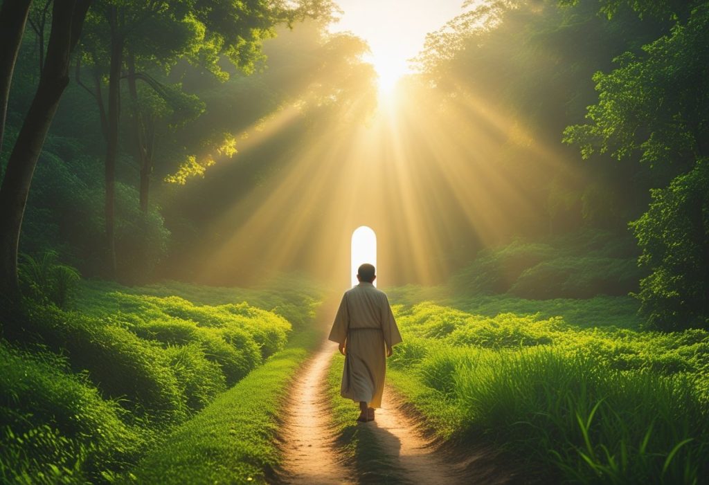 Christian pilgrim journey towards the cross