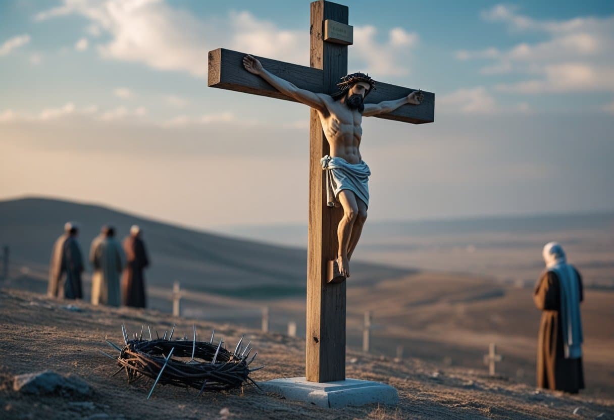 Painting of the cross showing how was Jesus crucified.