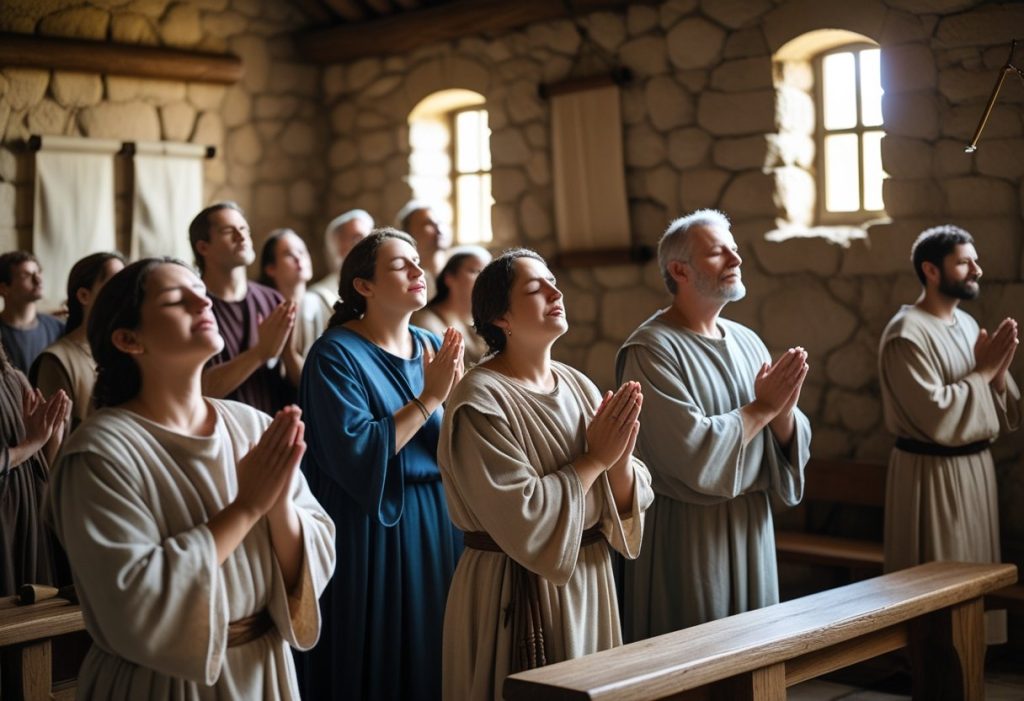 Depiction of the apostles in Acts showing the vital importance and The role of prayer in the early church for the spiritual growth of believers.