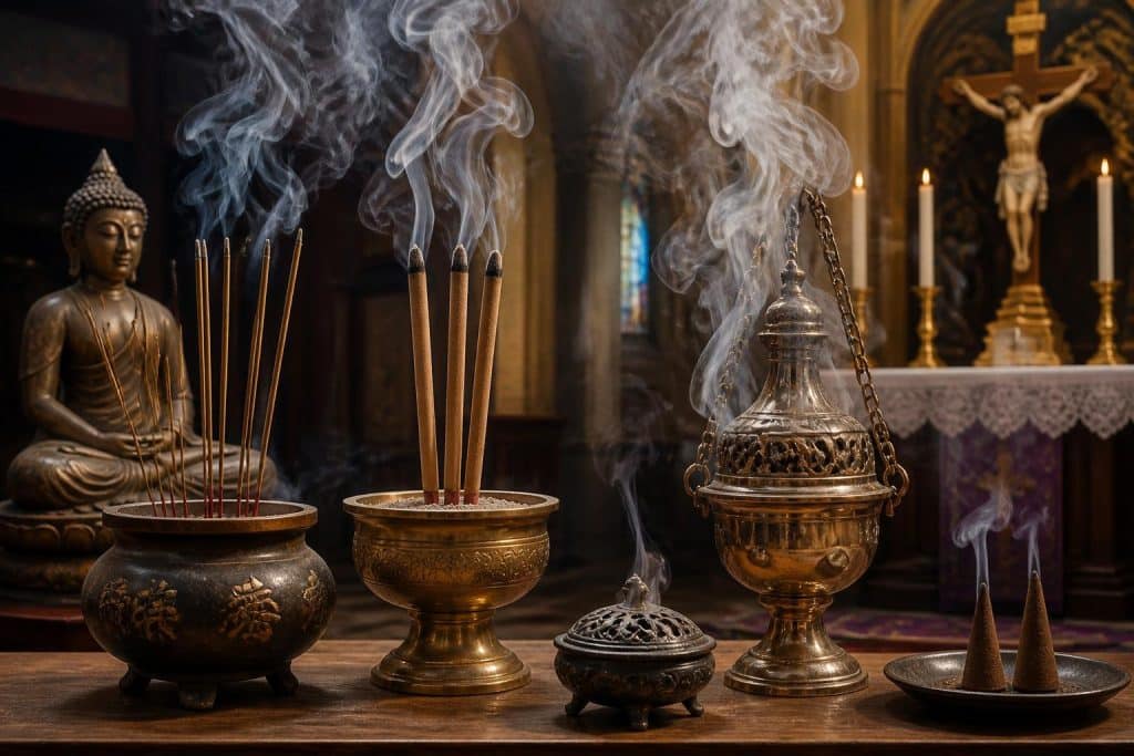 A vibrant display of diverse censers and aromatic resins, representing the use of incense in different traditions and religions worldwide.