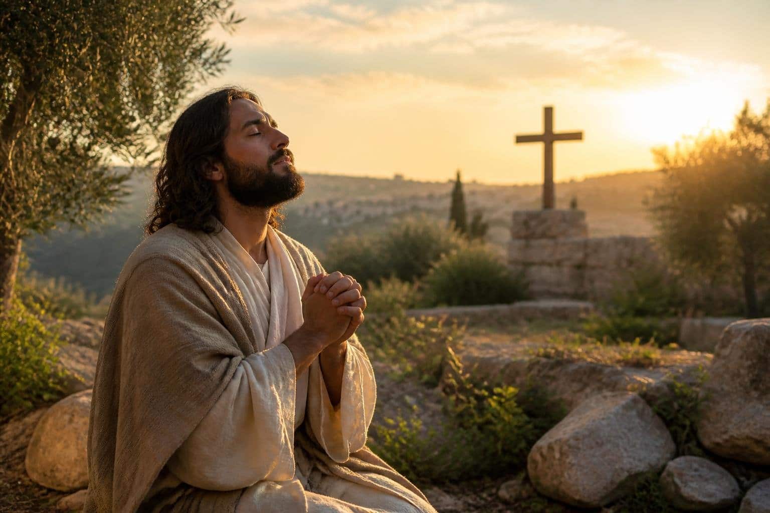 Artistic depiction of Christ praying on a mountain at sunrise.