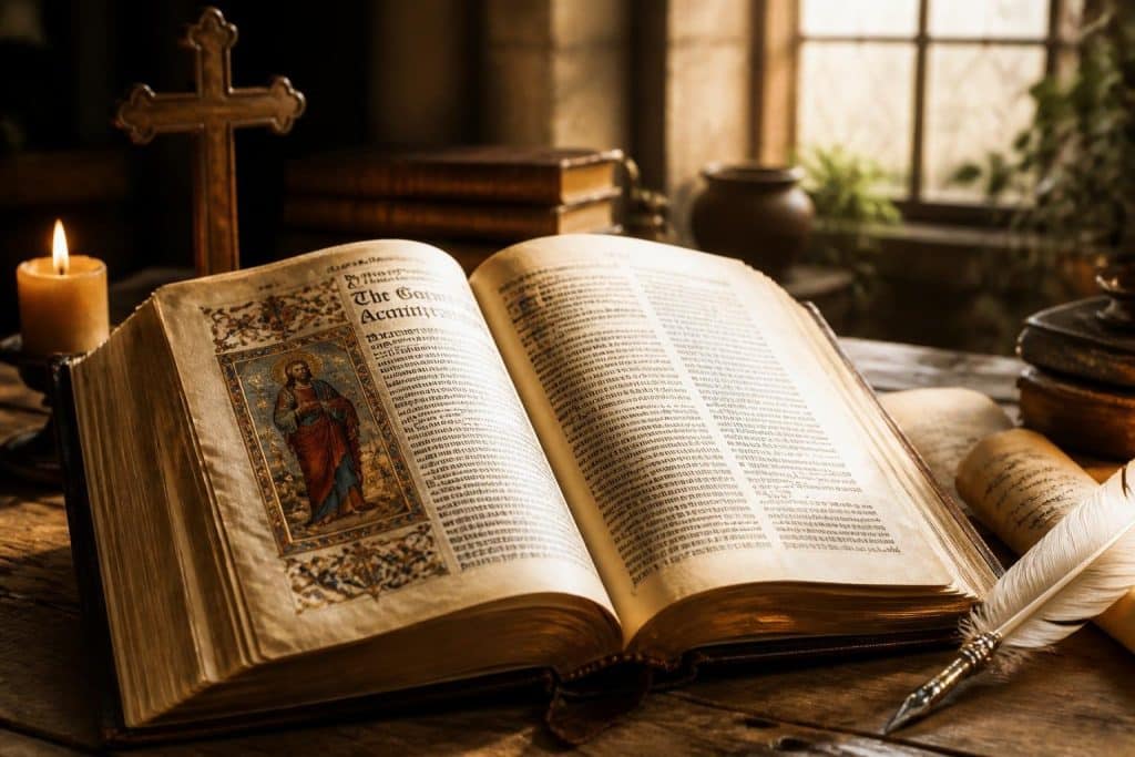 An open antique Bible highlighting the profound narratives from the Gospels that record the birth of Christ and the fulfillment of biblical prophecies.