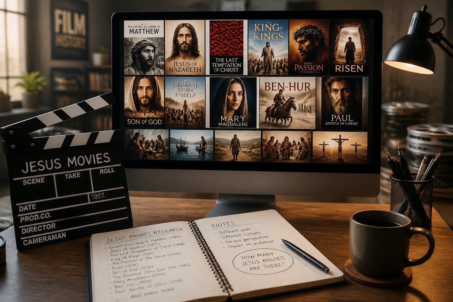 Cinematic depiction of Jesus on a film set, illustrating biblical filmmaking history.