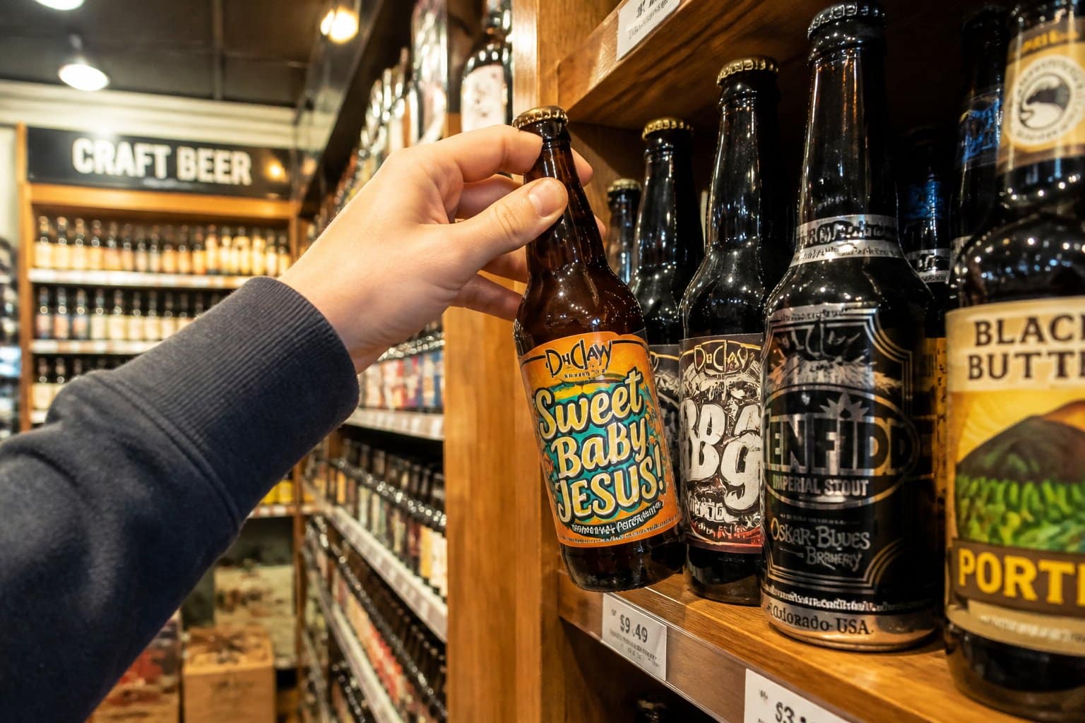 A bottle of DuClaw Sweet Baby Jesus Chocolate Peanut Butter Porter on a bar counter.