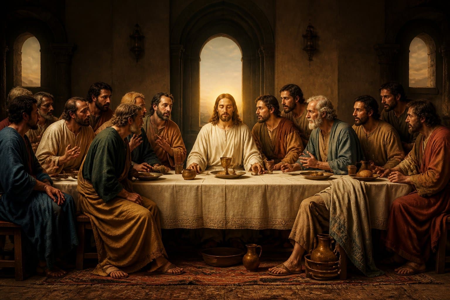 Artistic depiction of Jesus and apostles sharing wine at the Last Supper.