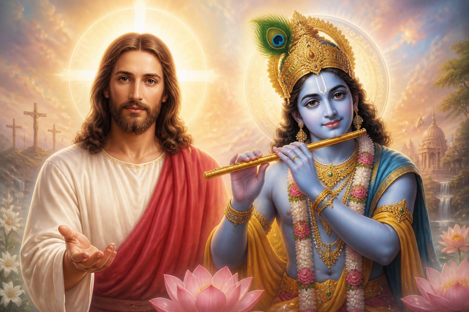 A comparative illustration of Jesus Christ and Lord Krishna representing different faiths.
