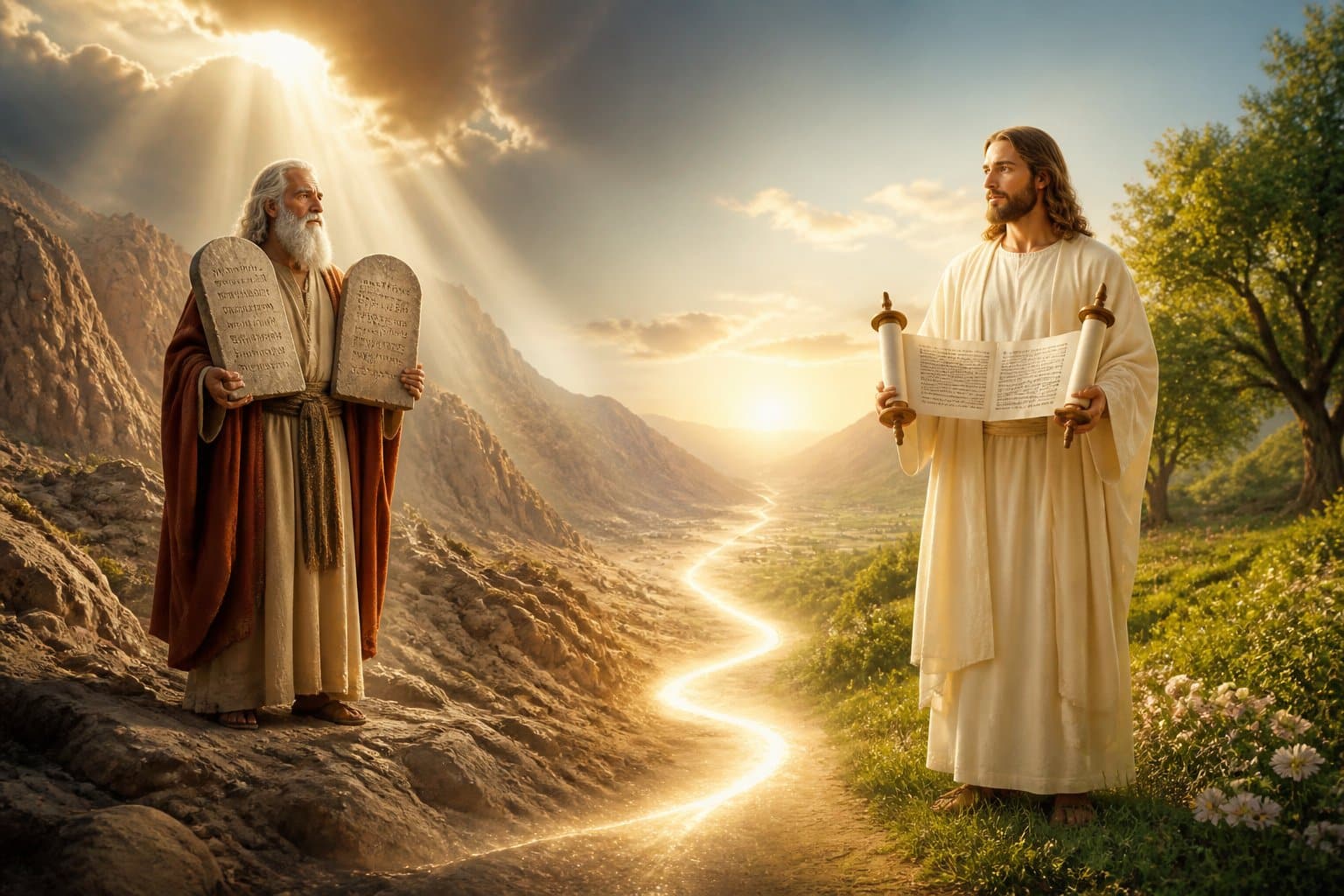 A comparison of Moses with the Ten Commandments and Jesus giving the Sermon on the Mount.