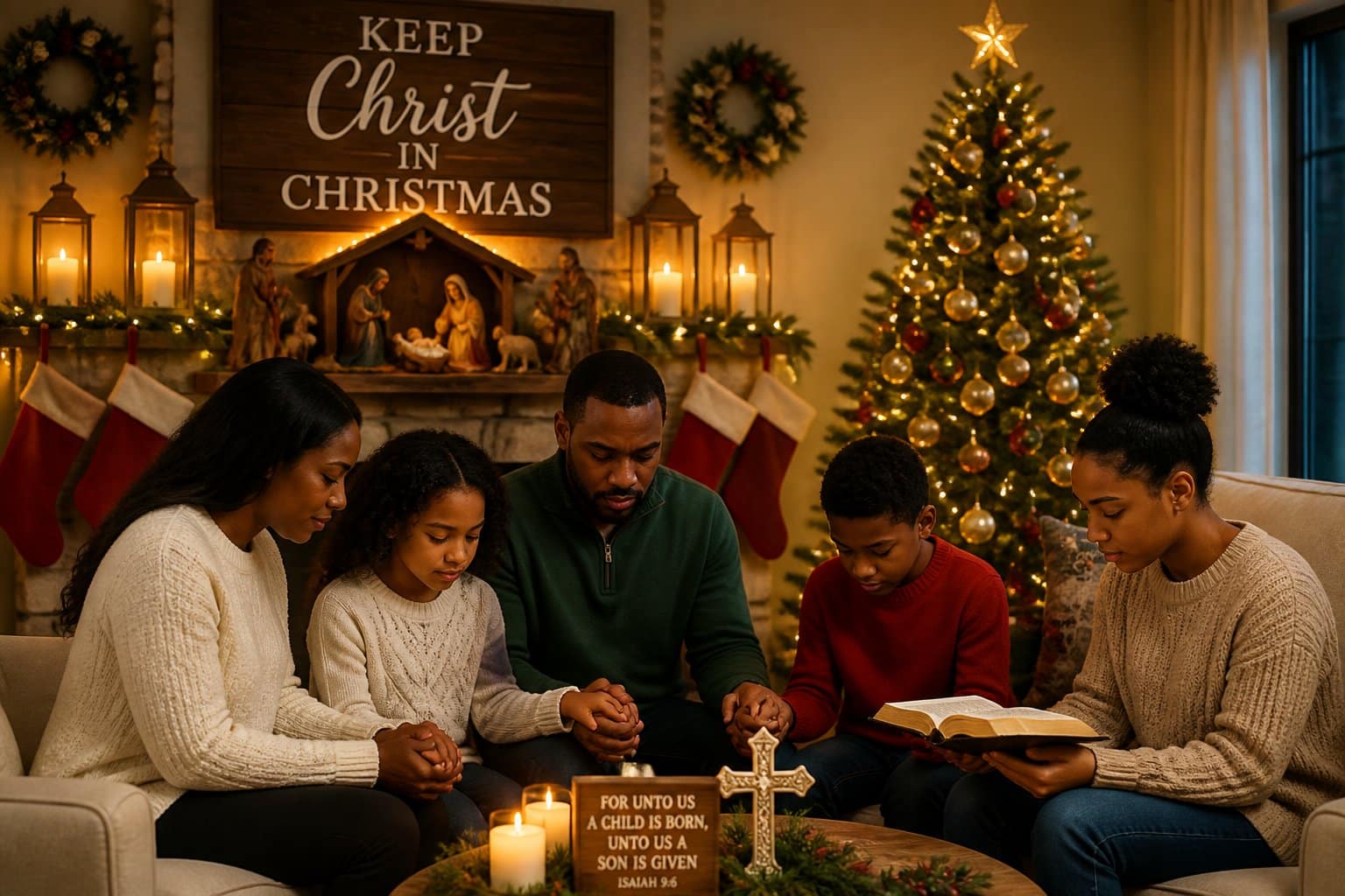 Family reading the Bible and keeping Christ in Christmas.