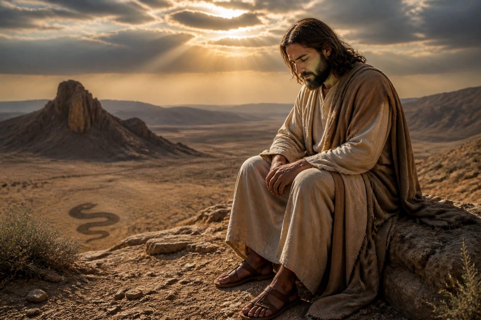 Jesus in deep prayer during his forty days in the wilderness.