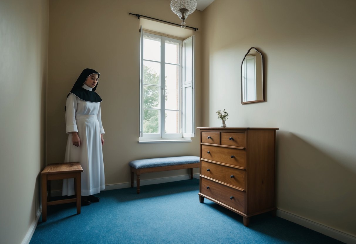 A serene nun's chamber with a simple wooden dresser and a small mirror hanging on the wall