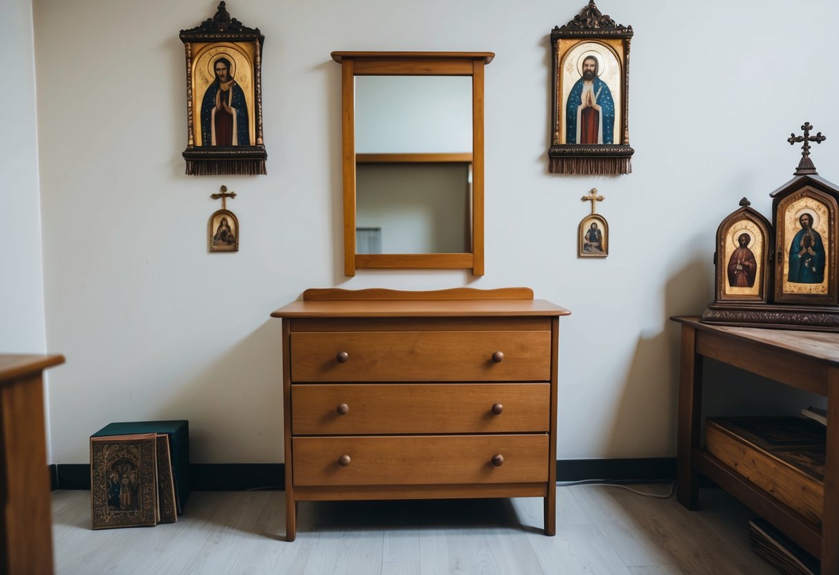 A simple wooden dresser with a small, plain mirror sits in a sparsely furnished room, surrounded by religious icons and a worn prayer book