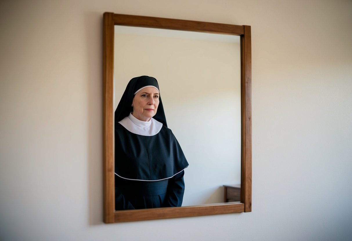 A simple wooden mirror hangs on the wall of a sparsely decorated room, reflecting the serene and modest physical appearance of a nun