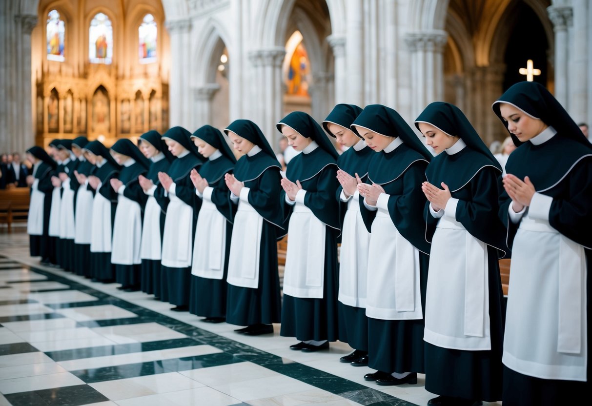 A group of nuns in traditional black and white habits standing in a perfectly straight line, heads bowed in prayer, in a grand cathedral