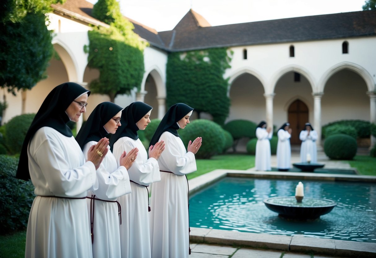 A group of nuns in simple white robes praying in a serene, austere abbey courtyard, surrounded by lush greenery and tranquil water features