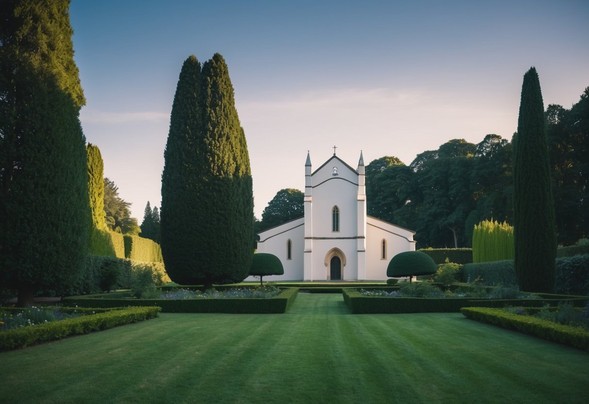 A serene garden with a simple, austere abbey in the background, surrounded by tall, imposing trees and a quiet, reflective atmosphere