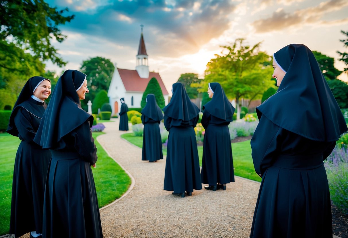 A group of nuns is called a convent. An illustration could depict a peaceful convent garden with a small chapel in the background