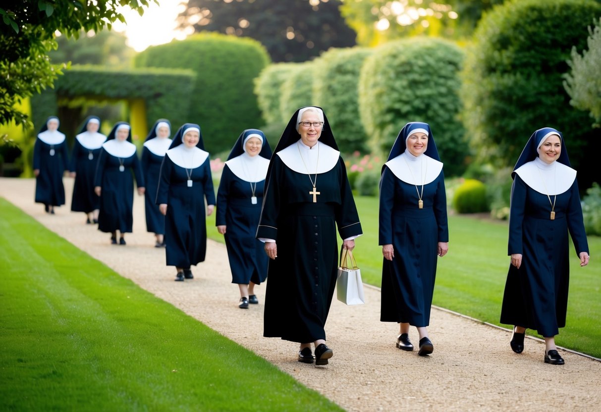 A peaceful garden with a group of nuns walking in a line, led by the Mother Superior