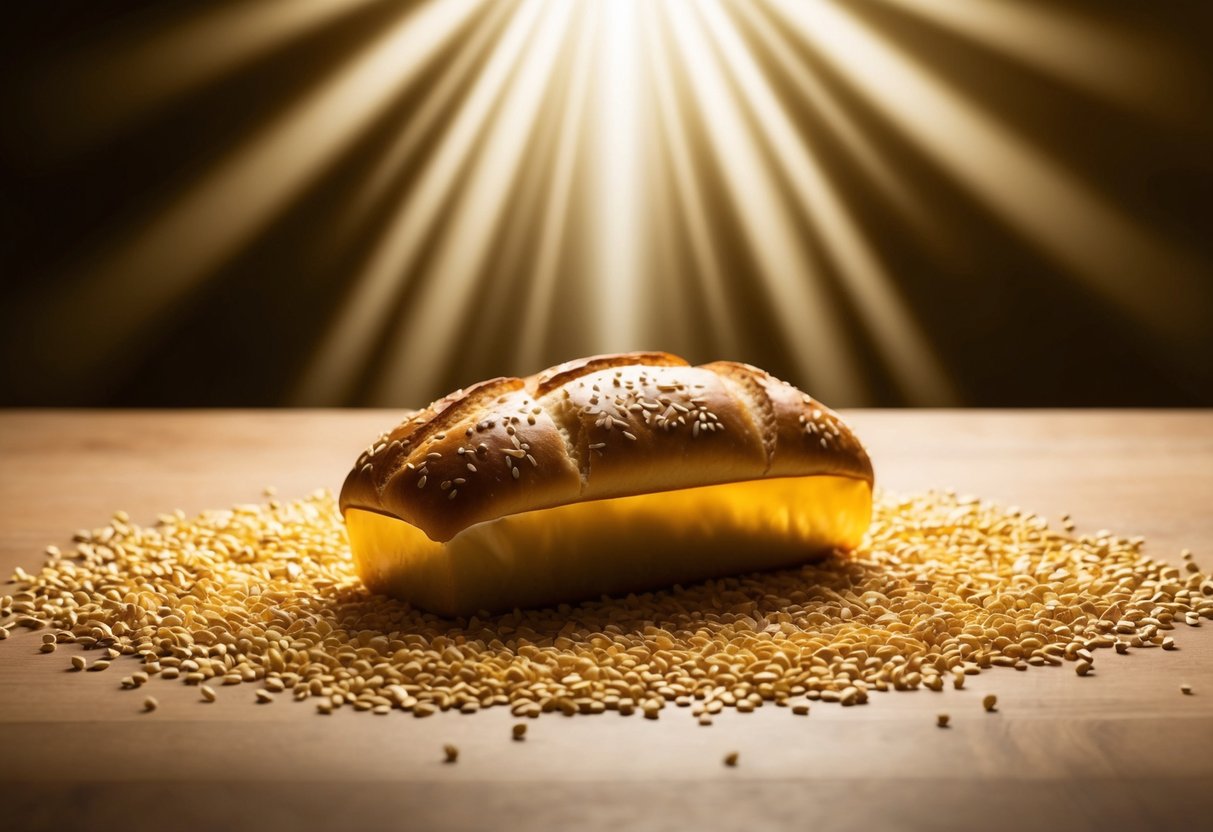 A golden loaf of bread surrounded by rays of light, symbolizing Jesus as the source of spiritual nourishment and sustenance