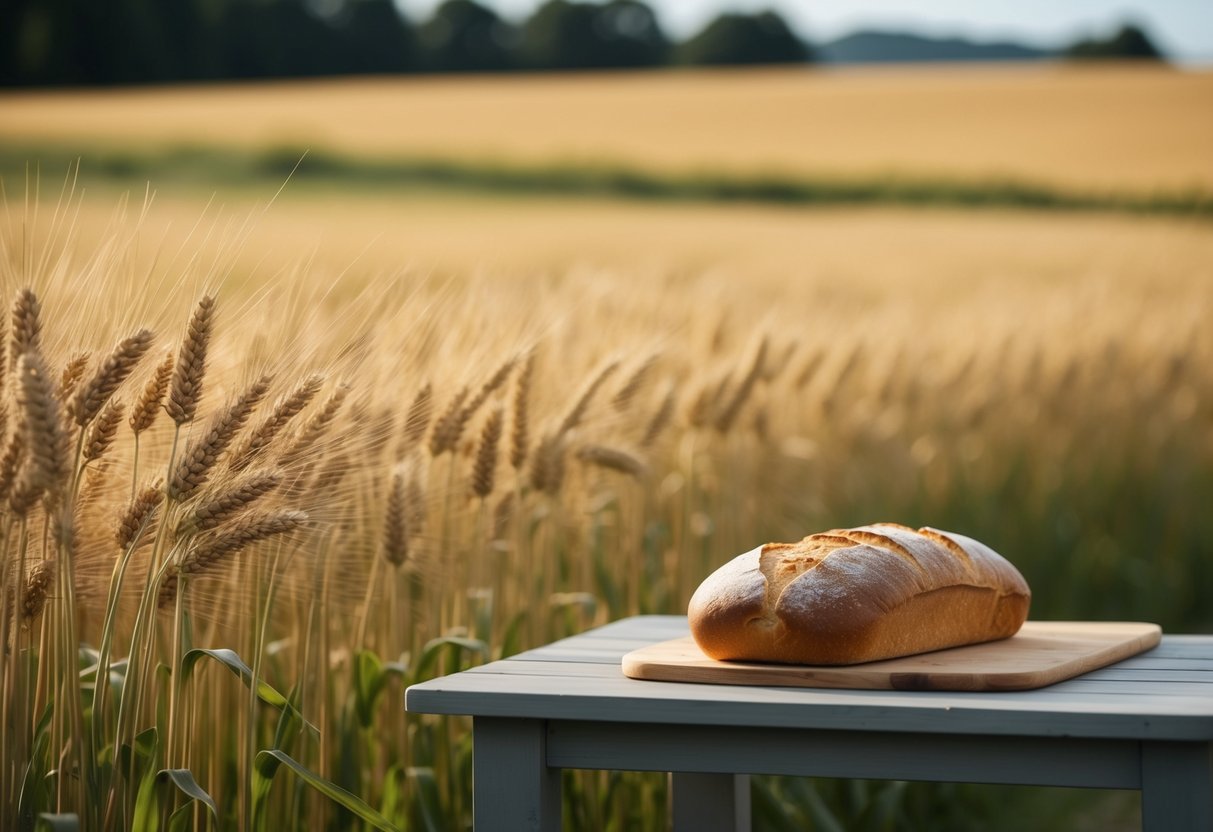 A serene landscape with a field of golden wheat swaying in the breeze, with a loaf of bread placed on a simple wooden table