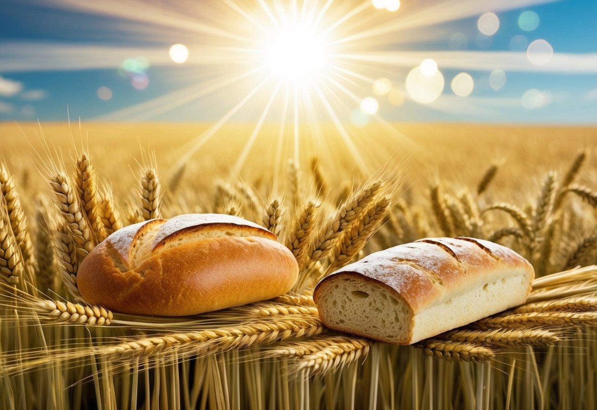 A serene landscape with a field of wheat, a loaf of bread, and a radiant light shining down from the heavens