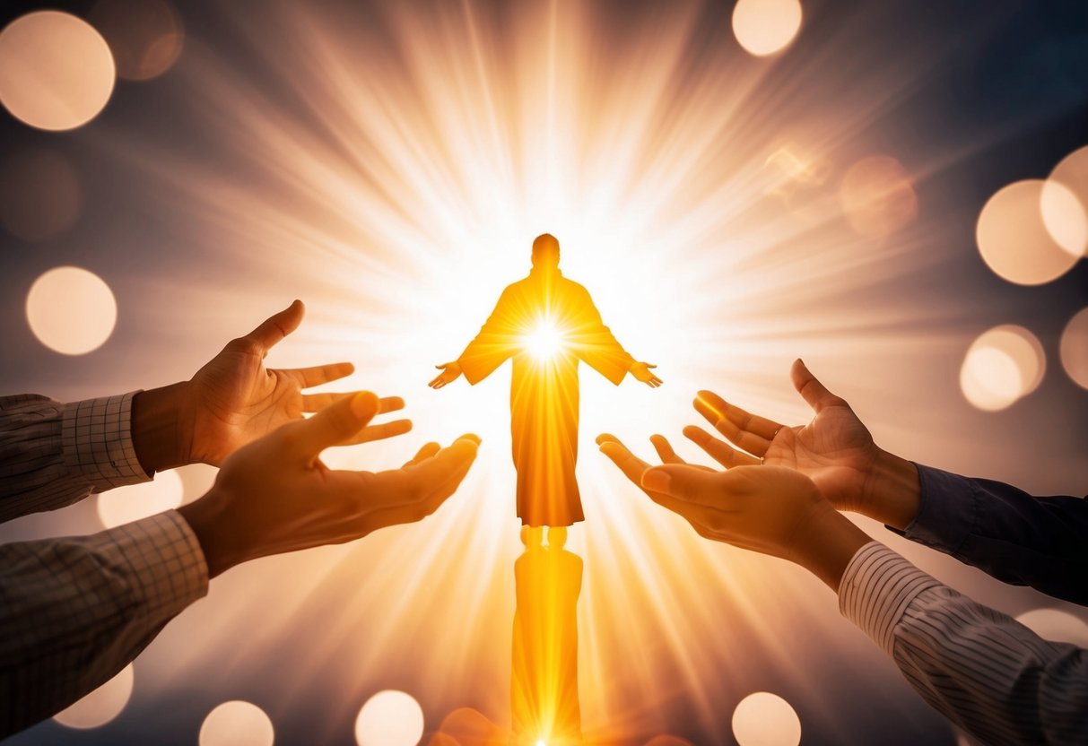 A radiant figure surrounded by light, reaching out to help others in need