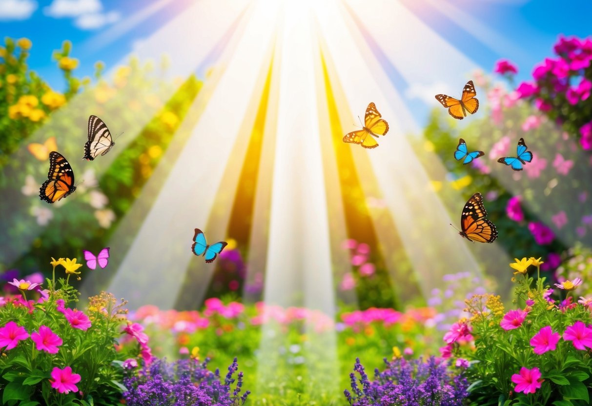 A radiant beam of light shining down onto a vibrant garden, with flowers blooming and butterflies fluttering around, symbolizing the good works created in Jesus Christ