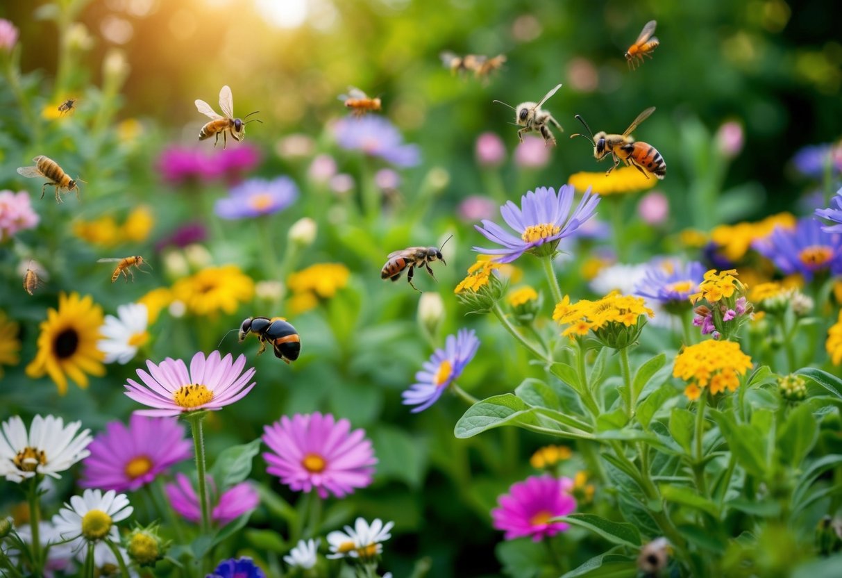 A garden filled with blooming flowers, where various animals and insects work together to nurture the plants and create a harmonious ecosystem