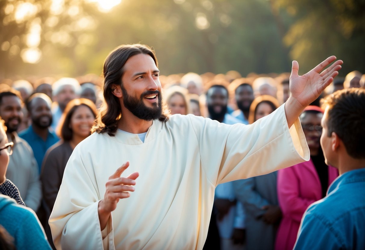 Jesus gestures confidently, surrounded by a crowd, as he proclaims his goodness
