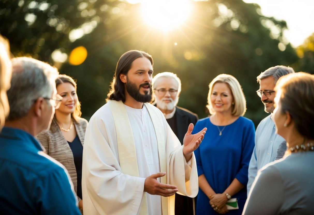 Jesus surrounded by a group of people, speaking with confidence and compassion. The sun shines down on the scene, creating a warm and inviting atmosphere