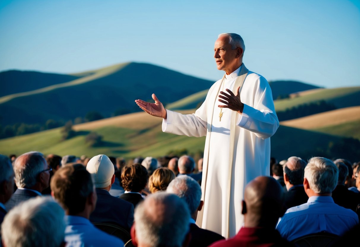 A serene figure speaks to a crowd, surrounded by rolling hills and a clear blue sky. He gestures with authority and compassion