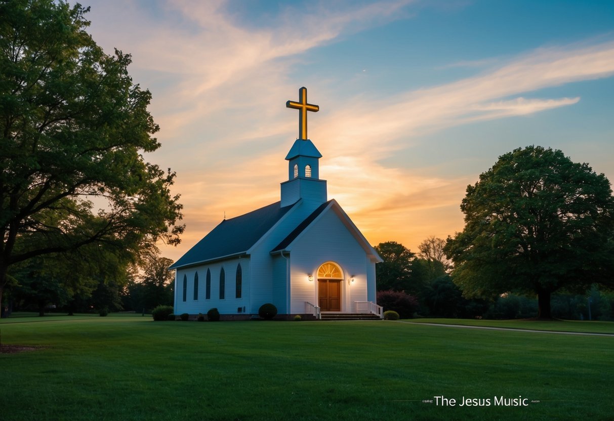 A serene church with a glowing cross, surrounded by trees and a peaceful sky, sets the stage for watching "The Jesus Music."