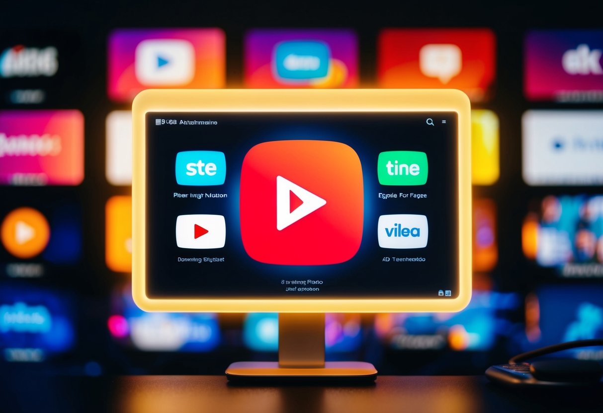 A glowing screen displays various streaming platform logos