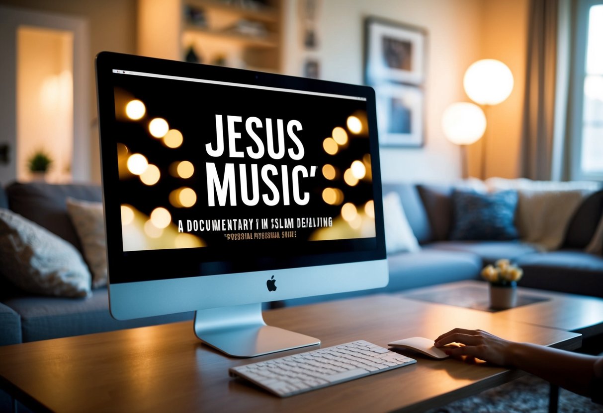 A computer screen with the "Jesus Music" documentary playing, surrounded by a cozy living room with a sofa, a coffee table, and warm lighting