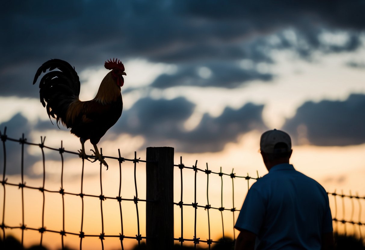 A rooster perched on a fence, silhouetted against a darkening sky, as a figure turns away in denial