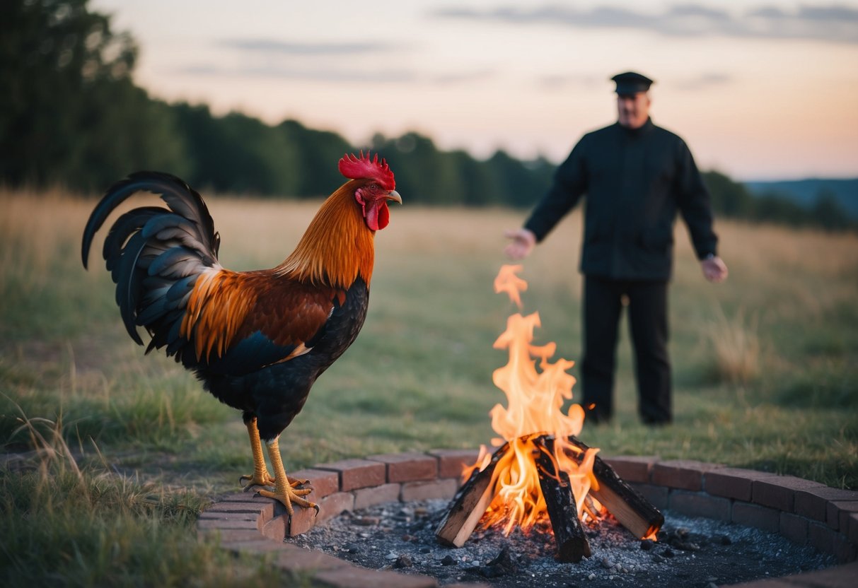 A rooster crows as a figure stands by a fire, denying a connection to another figure in the distance
