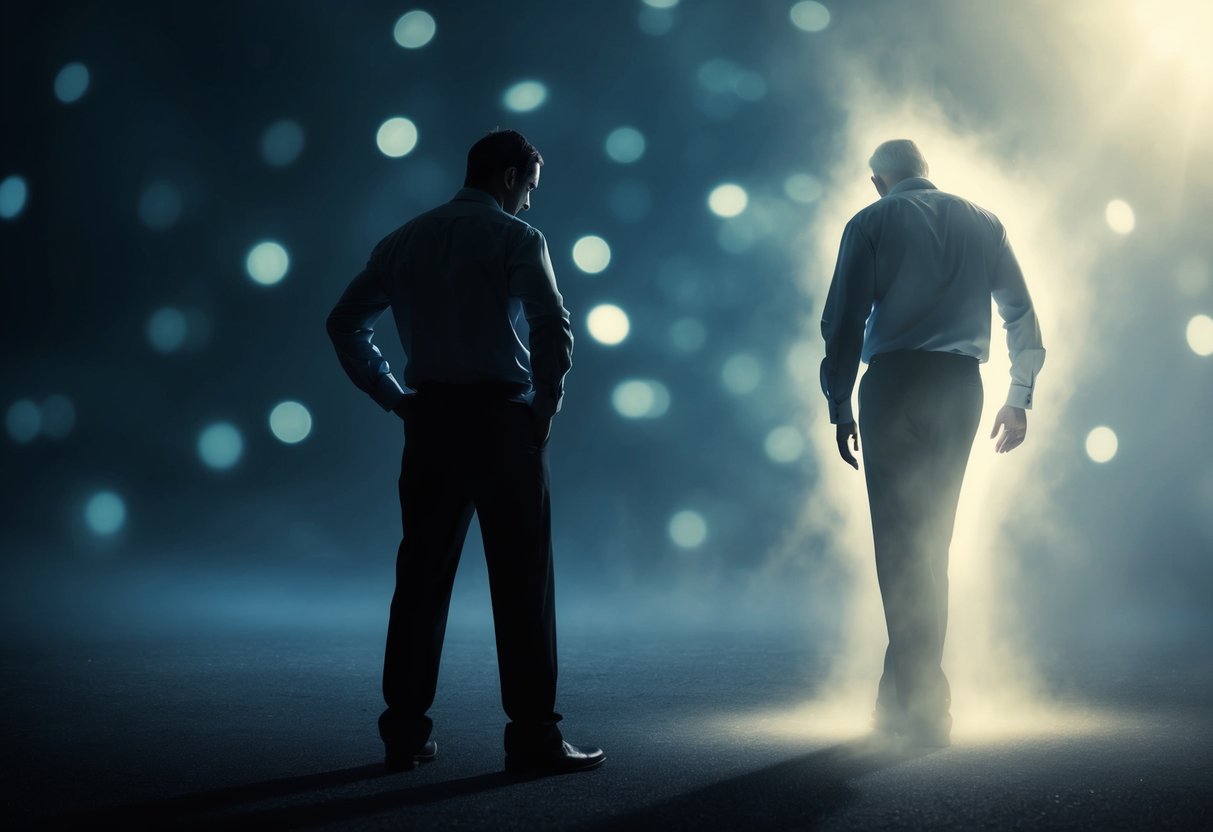 A figure stands in shadow, turning away from a glowing, ethereal presence, their posture wrought with conflict and denial