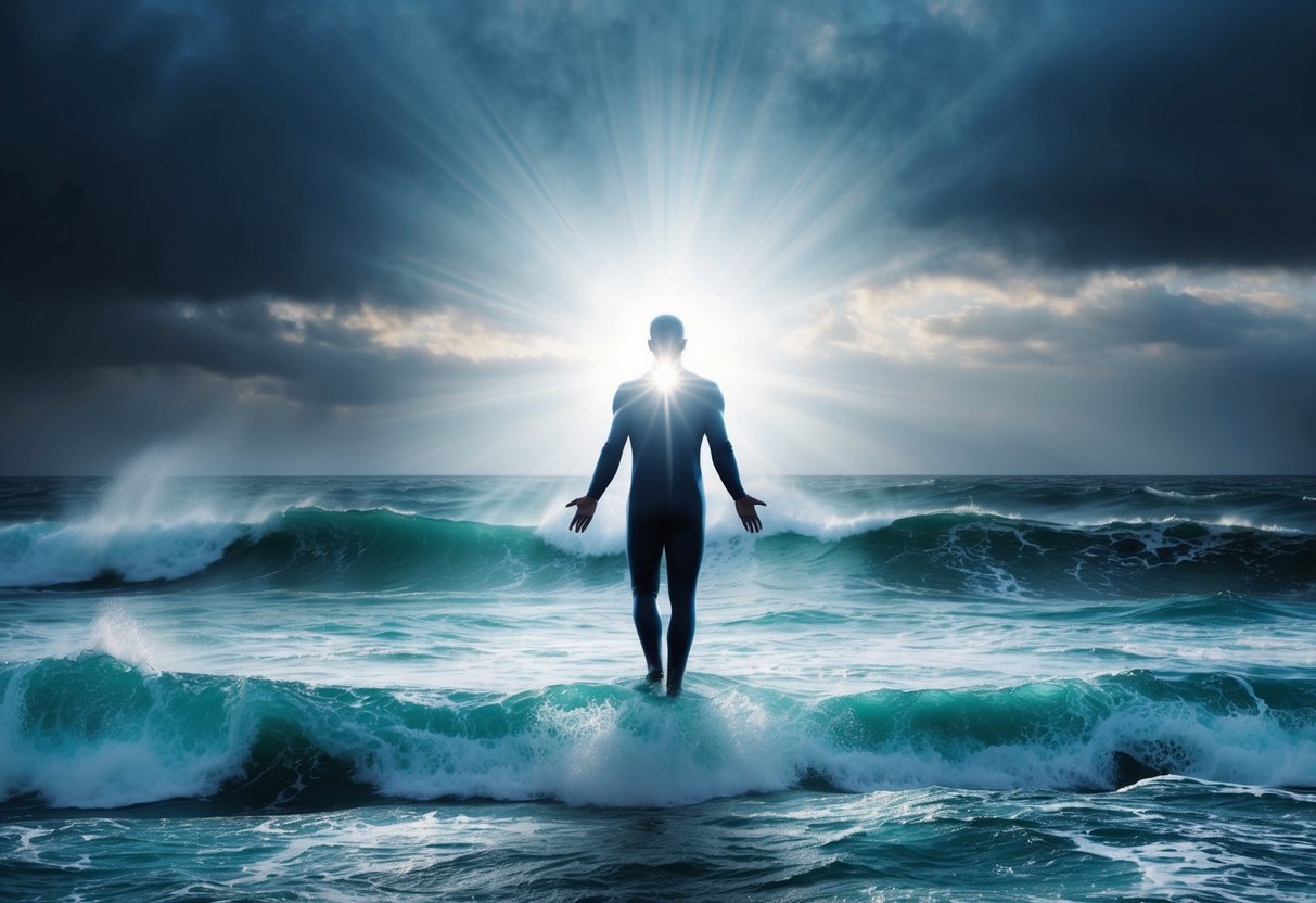A radiant figure standing before a stormy sea, with waves parting and a sense of calm and control emanating from him