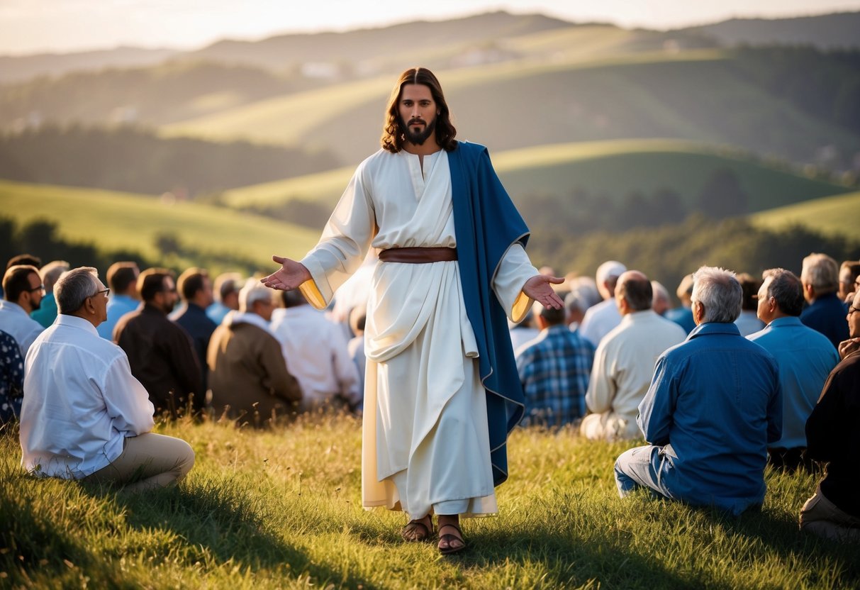 Jesus standing on a hill, surrounded by a crowd. His powerful presence is evident as people listen intently to his teachings