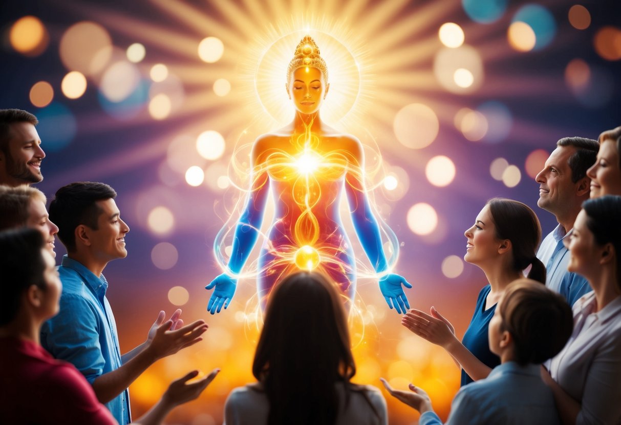 A radiant figure emanates healing energy, surrounded by people in awe