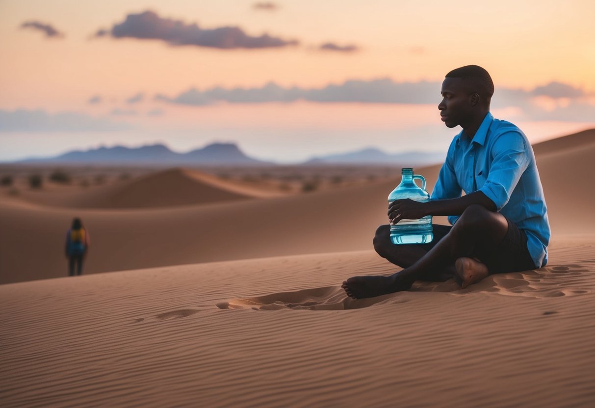 A desert landscape with a lone figure, a water jug, and a sense of contemplation