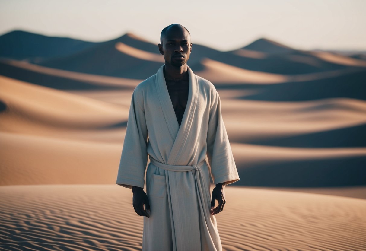 A figure in a desert landscape, with a simple robe and a serene expression, abstaining from food and drink