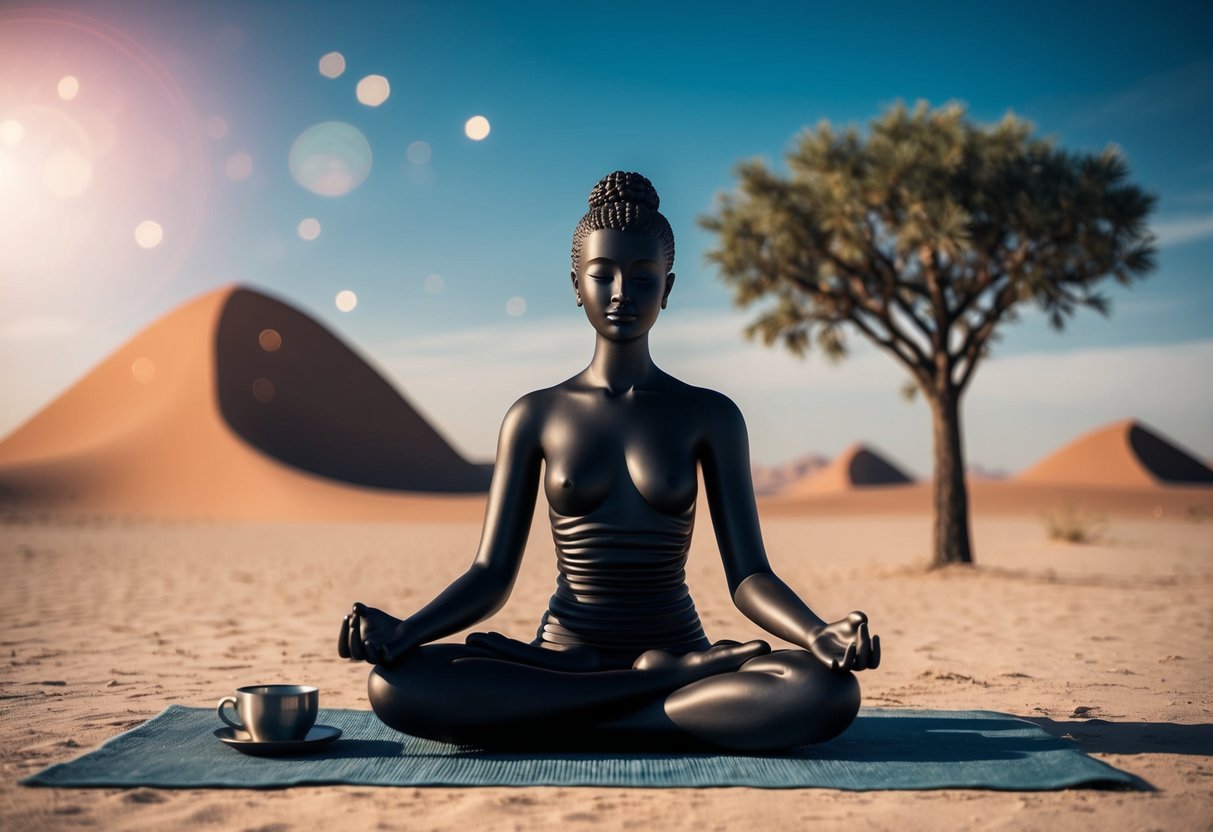 A figure sits in meditation, surrounded by desert and a single tree, with a serene expression and a cup of water untouched at their side