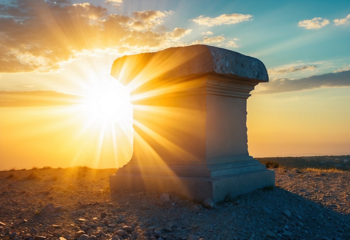A radiant sunrise over a tomb with a stone rolled away, symbolizing the hope and triumph of Christ's resurrection