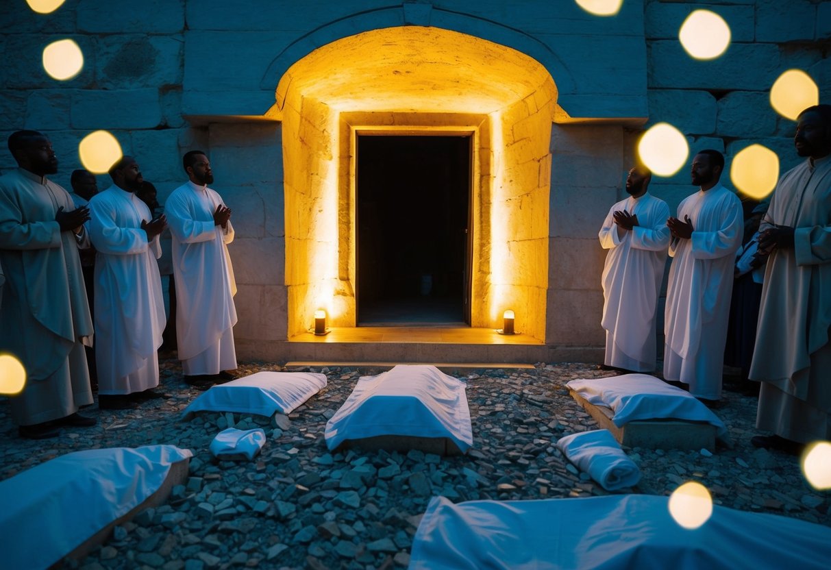 A glowing tomb with an open entrance, surrounded by awe-struck witnesses and scattered burial linens