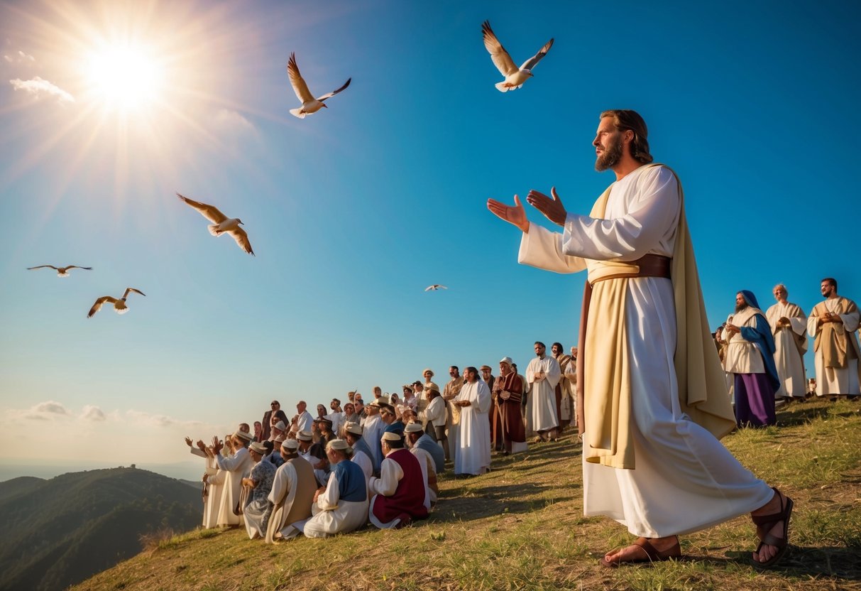 Jesus preaching on a hillside to a crowd of people, with the sun shining down and birds flying in the sky
