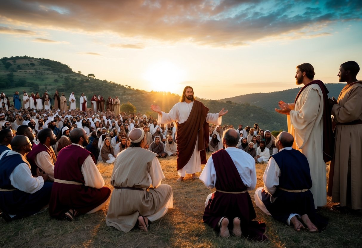 Jesus teaching to a large crowd on a hillside, surrounded by his disciples. The sun is setting, casting a warm glow over the scene