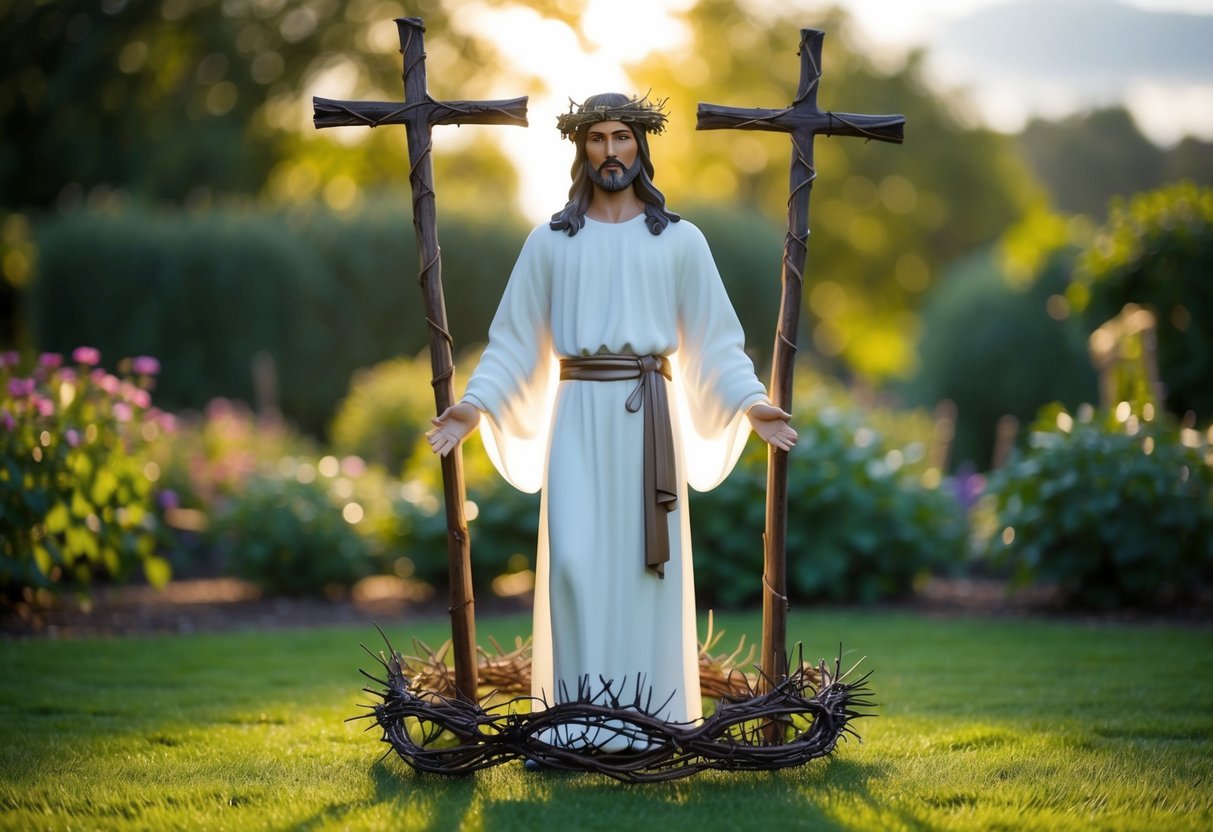 A radiant figure stands in a garden, surrounded by a crown of thorns and a cross, symbolizing the passion and sacrifice of Jesus in the New Testament